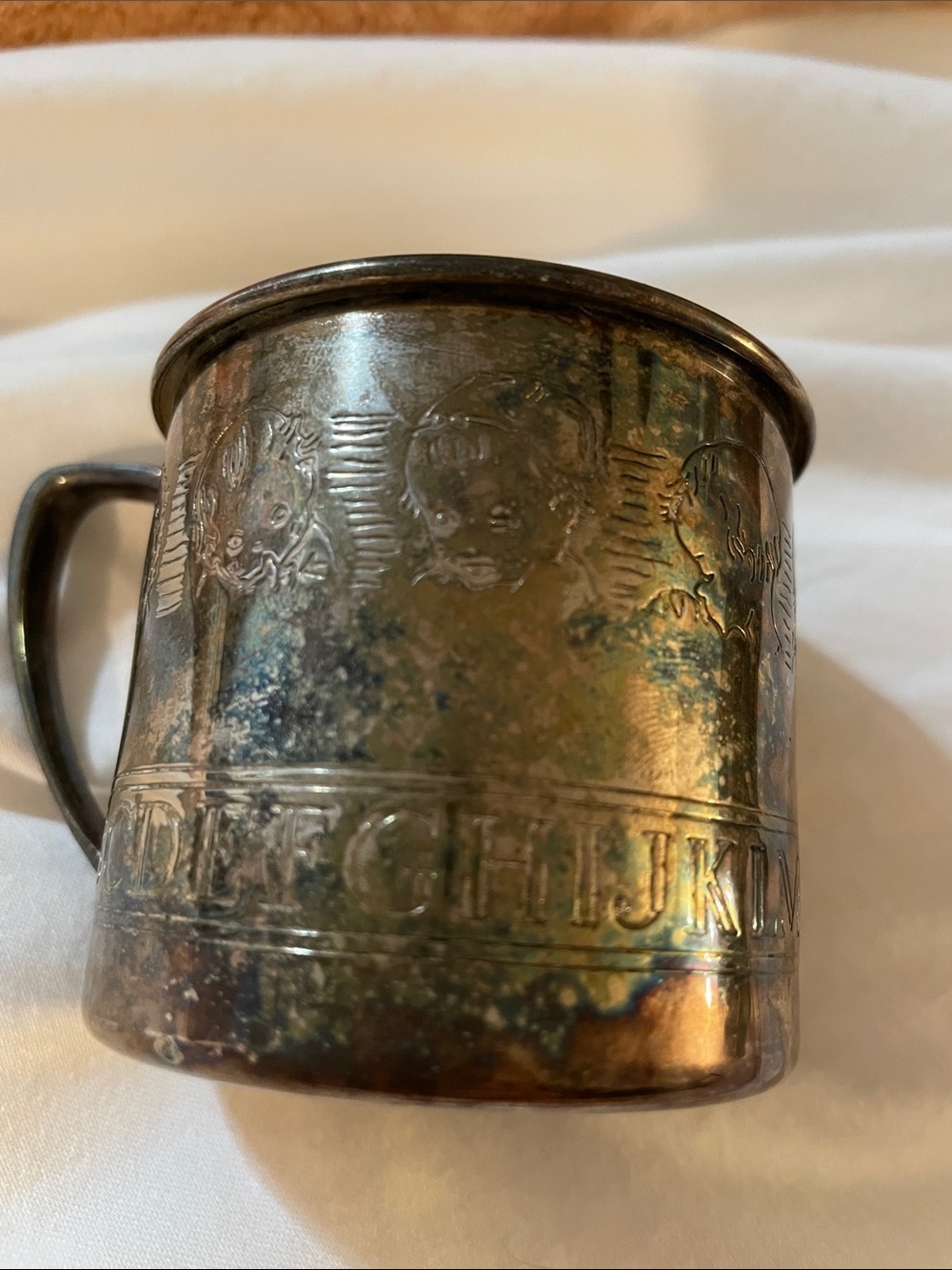 Vintage Oneida Silverplate ABC Alphabet Baby Cup - Embossed Faces Keepsake